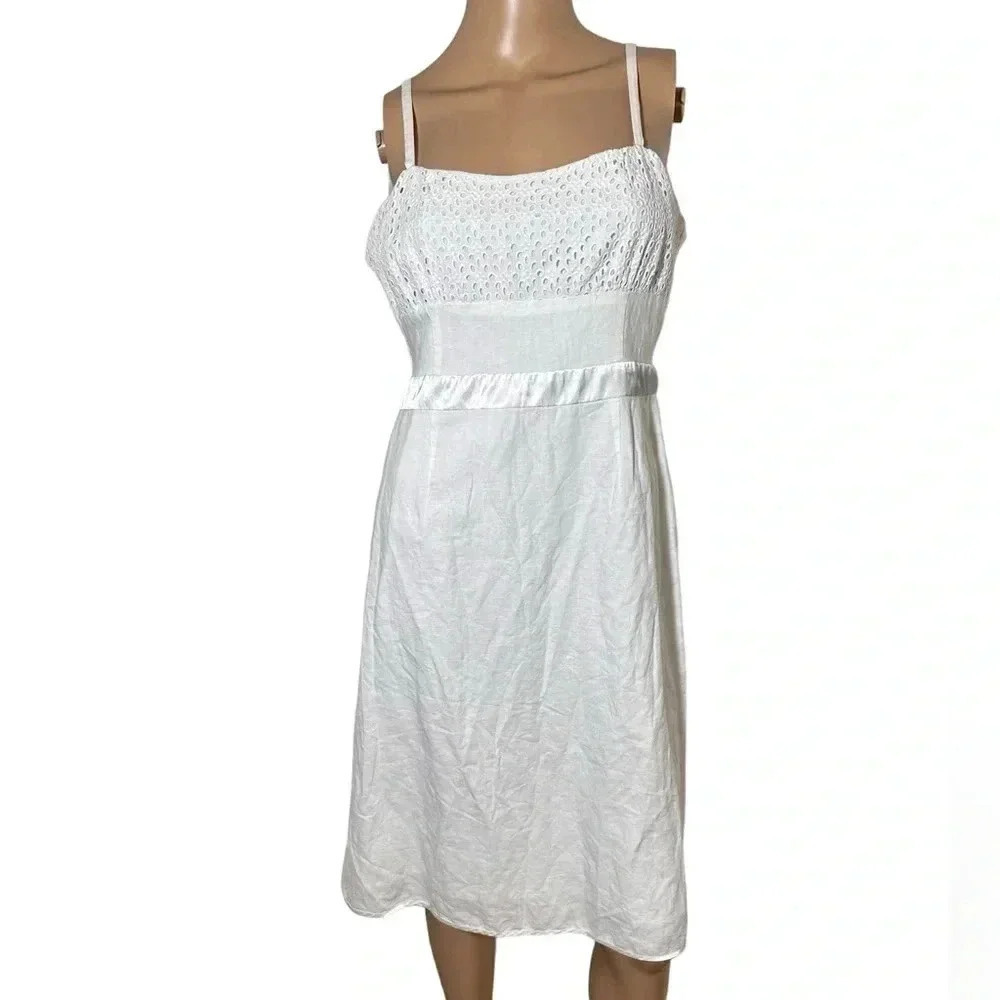 Marianne Linen Blend White Eyelet 1/2 Zip Fully Lined Dress Size 10 EUC!!